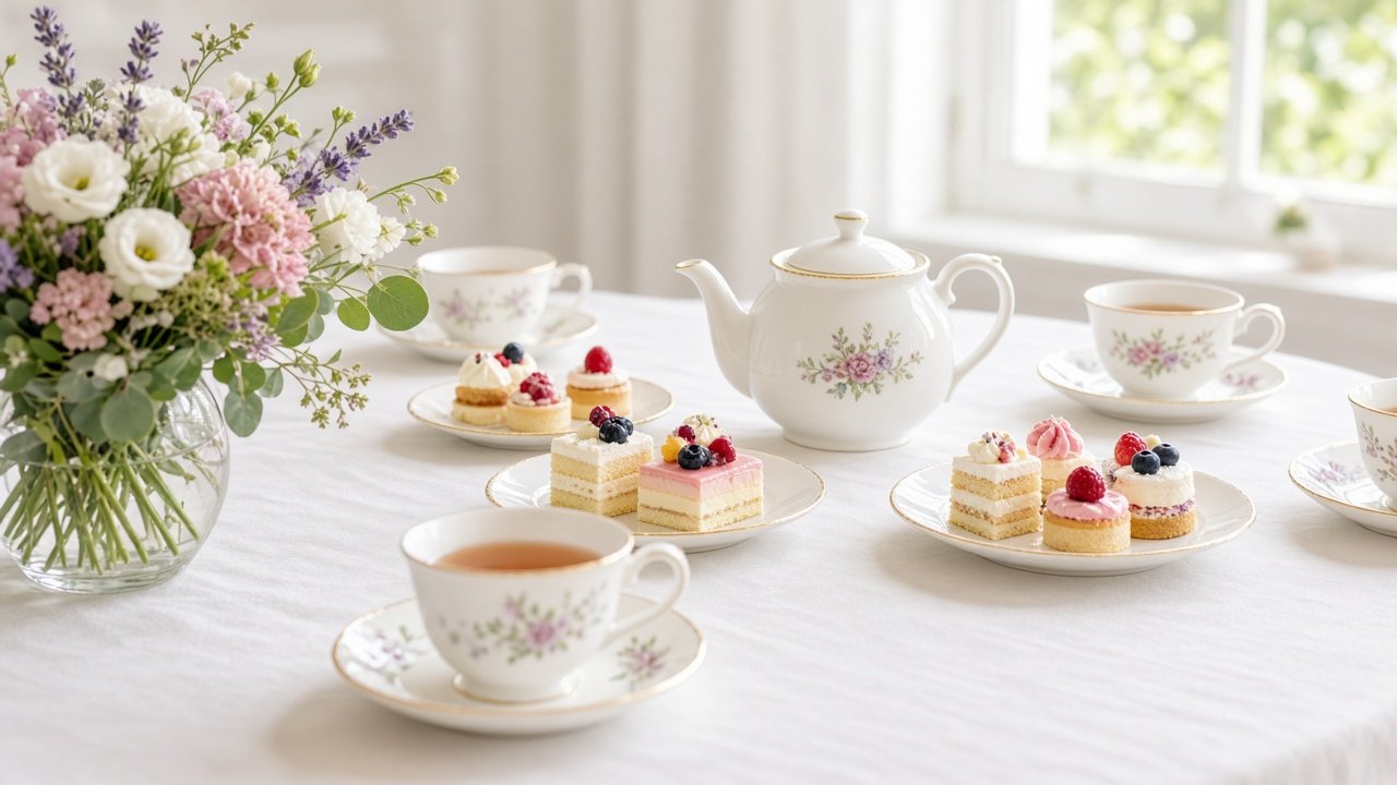 An afternoon tea table set with tea cups, cakes and tulips