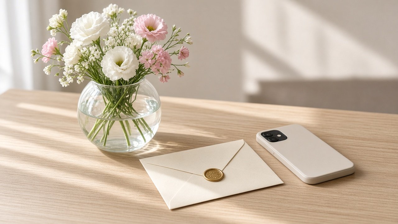 A white vase with flowers and an envelope in soft window light