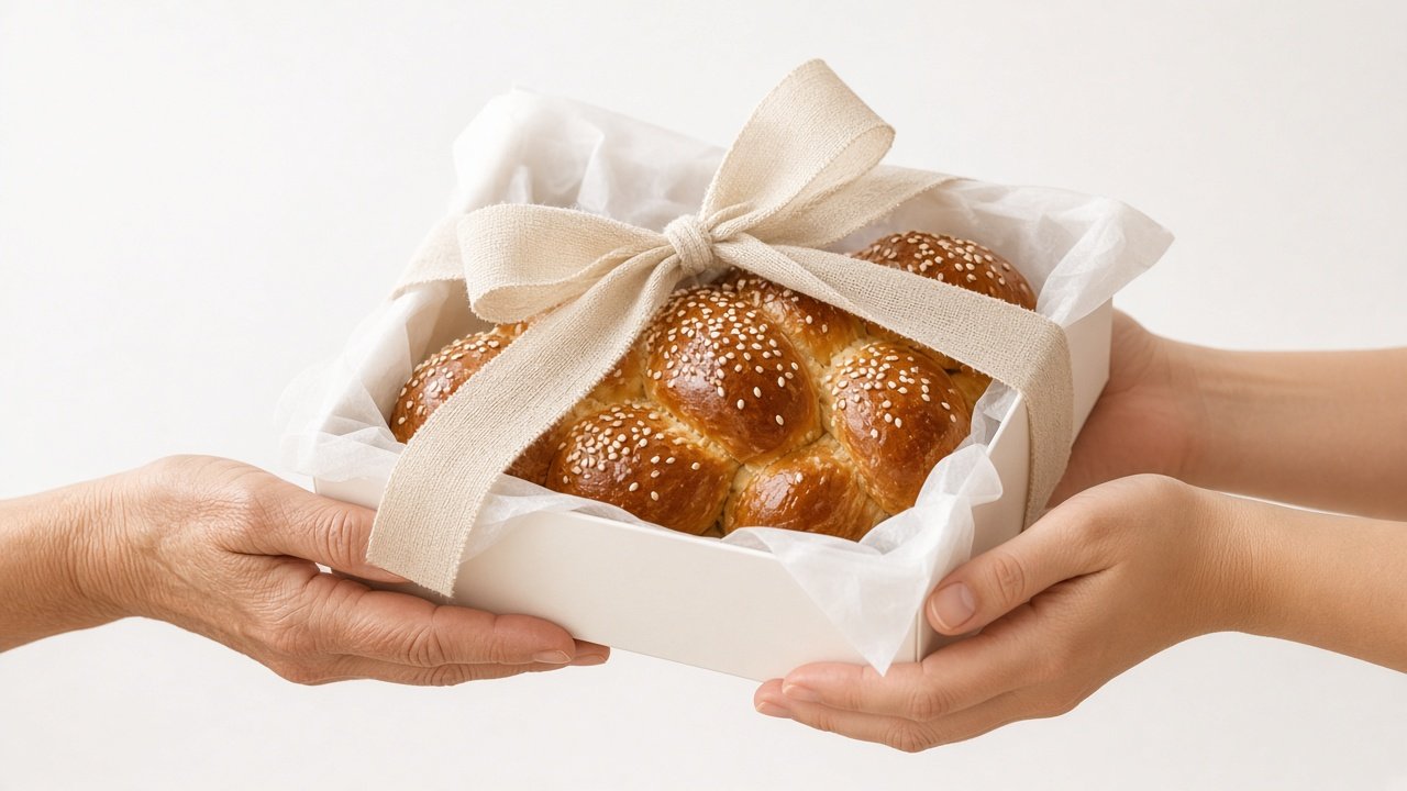 An older and a younger pair of hands holding a wrapped challah gift