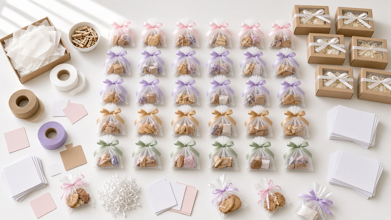 Gift packages, challah and handmade cards on a packing table